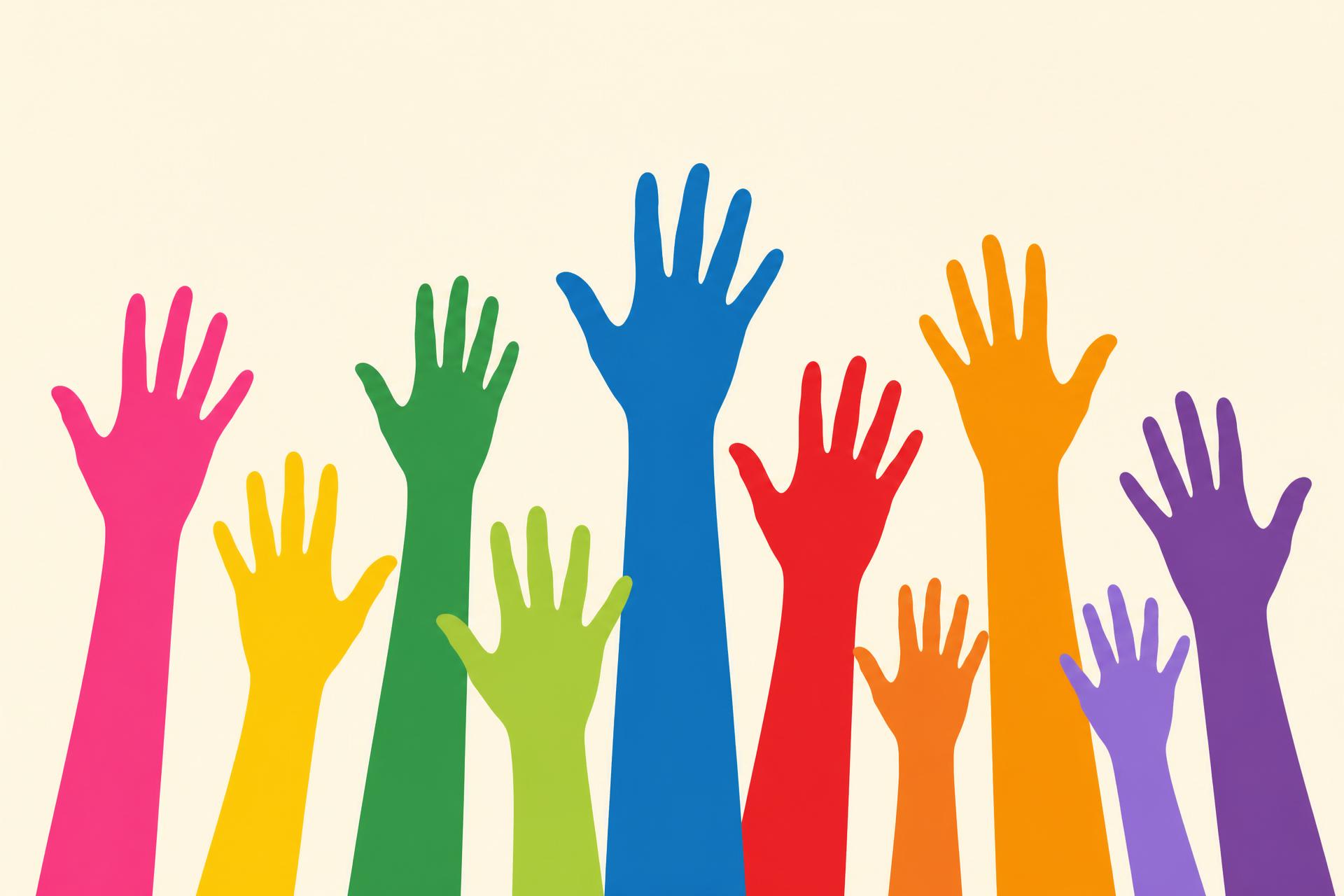 Colorful raised hands celebrating youth empowerment